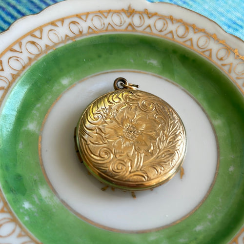 Vintage Flower Locket - Retro 12k Gold Filled Round Engraved Necklace Pendant - Circa 1960s Era Statement Keepsake Photo Ballou 60s Jewelry No Chain