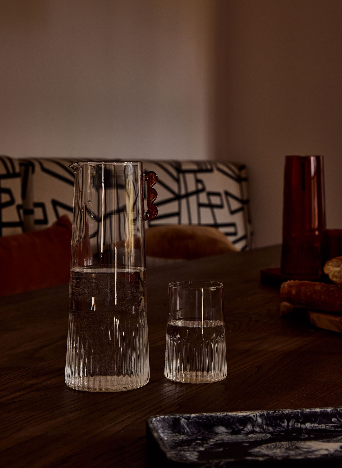 Aesthetic Water Pour, Ribbed Carafe Set, Iced Water