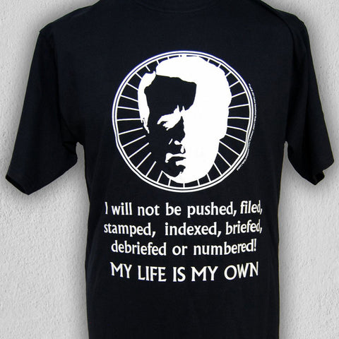 Portmeirion t-shirt designed by kingfisher giftwear featuring famous quotes from The Prisoner