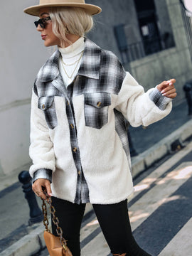Plaid Button Front Spliced Teddy Jacket