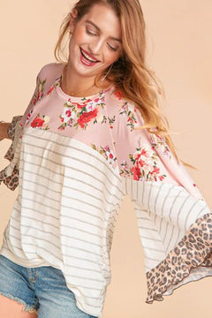 Floral Leopard Bell Sleeve Top