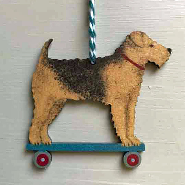 Elizabeth Harbour christmas decoration airedale dog on wheels