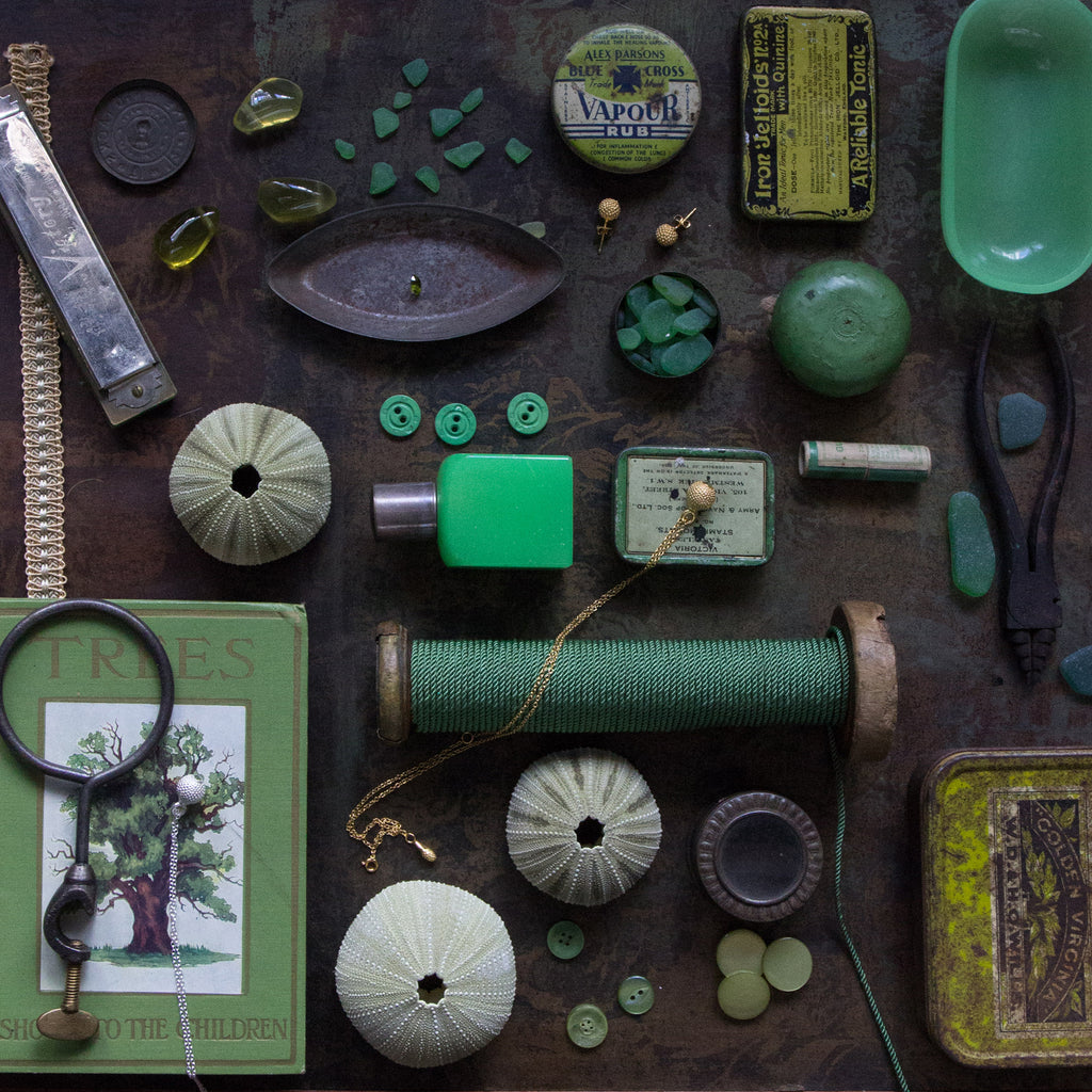 Collection of green vintage items with Catherine Hills Jewellery