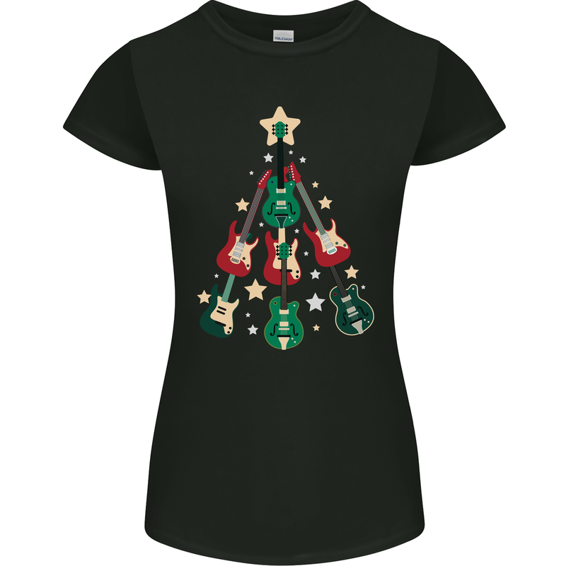 Funny Christmas Guitar Tree Rock Music Womens Petite Cut T-Shirt Black