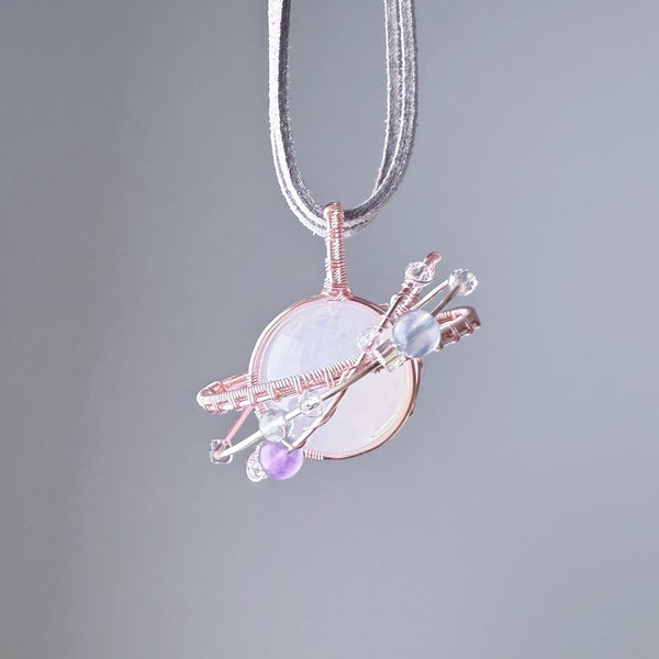 Planet - Natural Blue Needle Quartz Crystal Planet Wire Wrapped Necklace 0
