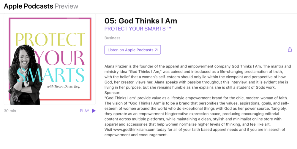 Listen to what some are calling an incredibly powerful podcast interview featuring our founder, Alana Frazier, on iTunes brought to you by God &amp; Grind. In it, she talks about the mission of God Thinks I Am, how aligning your thoughts with God's is the most powerful way of thinking, and how it marks the beginning of truly living the 'purpose-filled' life of your dreams.