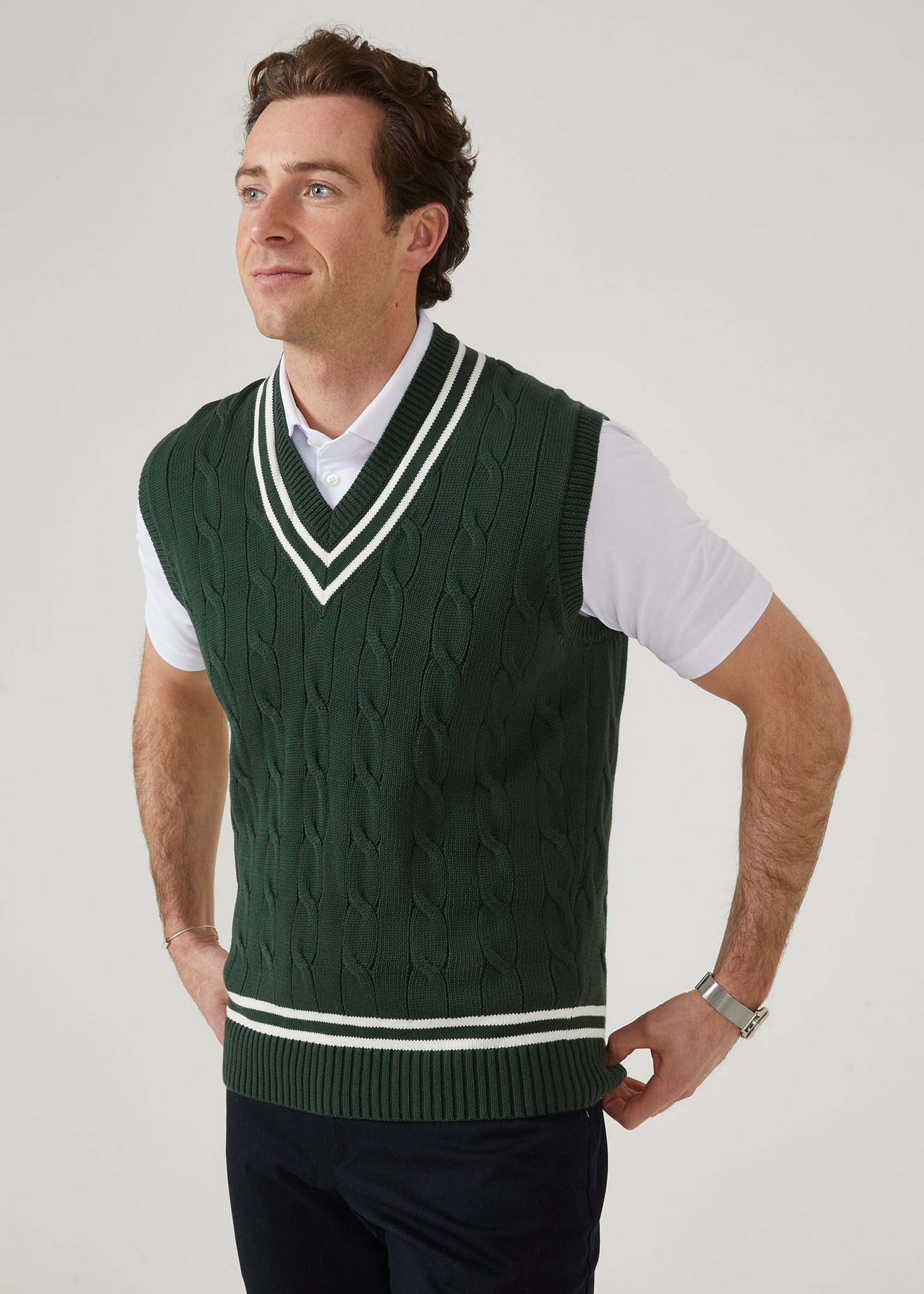 Men's Cable Cricket Slipover In Racing Green | Alan Paine