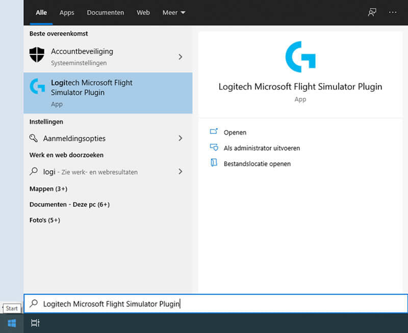 Starten van de Logitech Microsoft Flight Simulator plugin