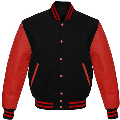 Varsity Letterman Baseball Bomber Retro Vintage Jacket Black Wool and Red Genuine Leather Sleeves - Shearling leather