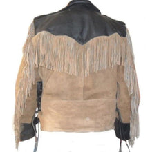 Load image into Gallery viewer, Men 1980&#39;s Cowboy Suede Leather Black Beige Jacket ,Cowboy Suede Fringe Jacket - Shearling leather
