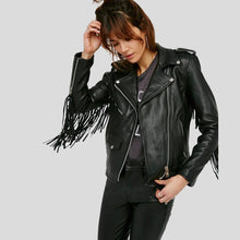 Load image into Gallery viewer, Sloane Black Biker Leather Jacket Tassels - Shearling leather
