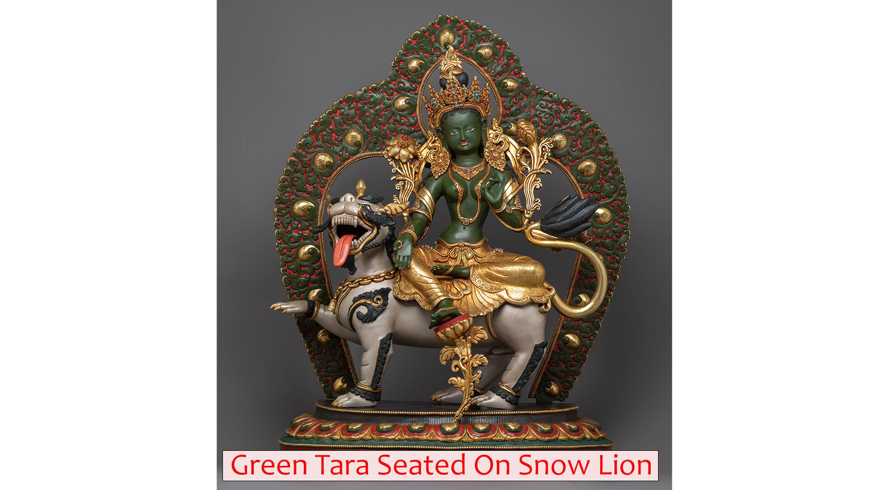 green tara seated on snow lion