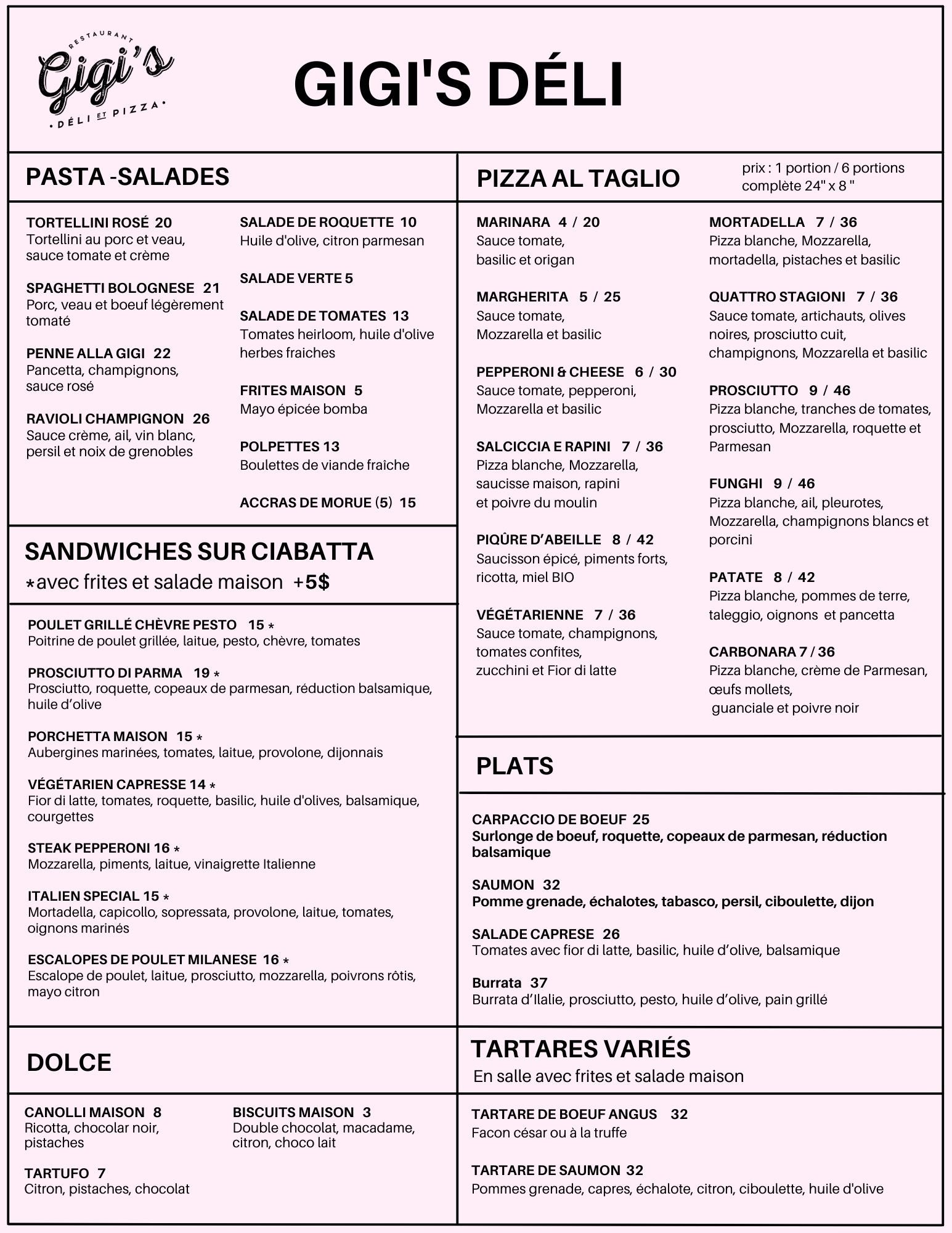 Gigi's déli et pizza menu 2023-11