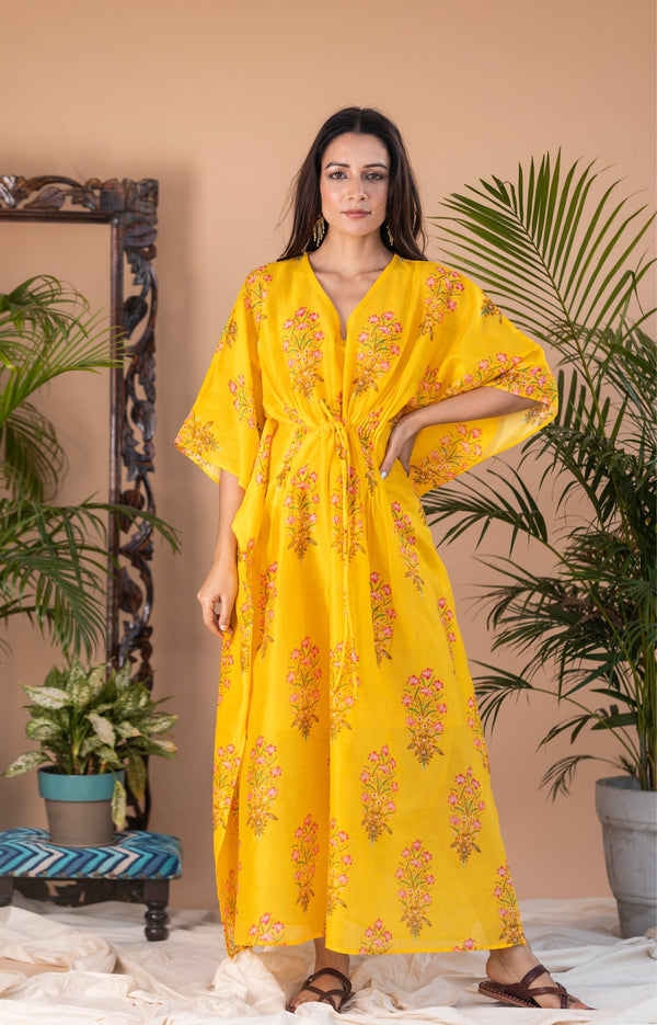 Peach Floral Block Print Pintuck Kaftan Dress – Shop Kapaas