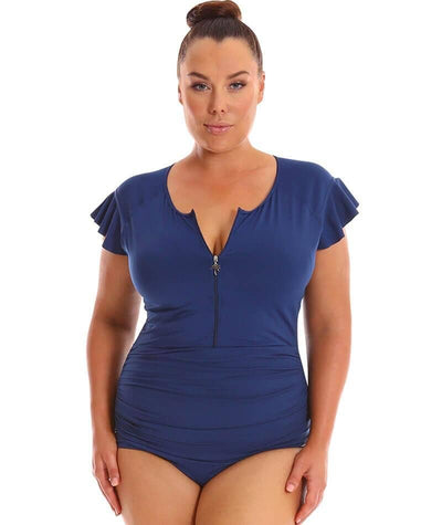 Capriosca Frill Sleeve One Piece Swimsuit - Navy & White Dots - Curvy Bras