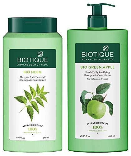 Biotique Bio Neem Margosa Anti Dandruff Shampoo 340ml And Biotique Bio Green Apple Shampoo 650ml - JeliGO
