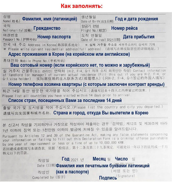 Декларация предыдущих путешествий на русском языке при заезде в Корею (Travel Record Declaration) 