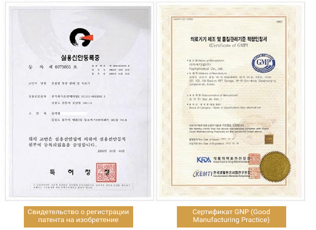 Свидетельство о регистрации патента на изобретение. Сертификат GNP (Good Manufacturing Practice).