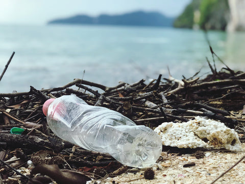 single use plastic bottle by beach