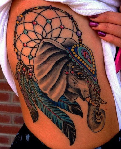 Tatouage Attrape-rêve avec perle et tête d'éléphant en couleur