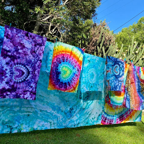 Sewcial Dyes Australia colourful tie dye hanging on a clothesline