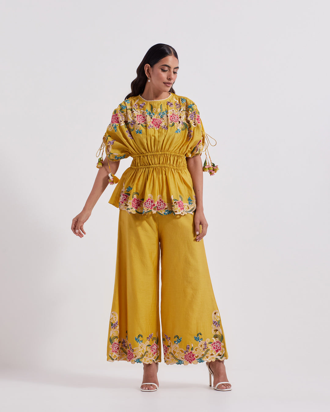 YELLOW FLORAL CUTWORK PANTS