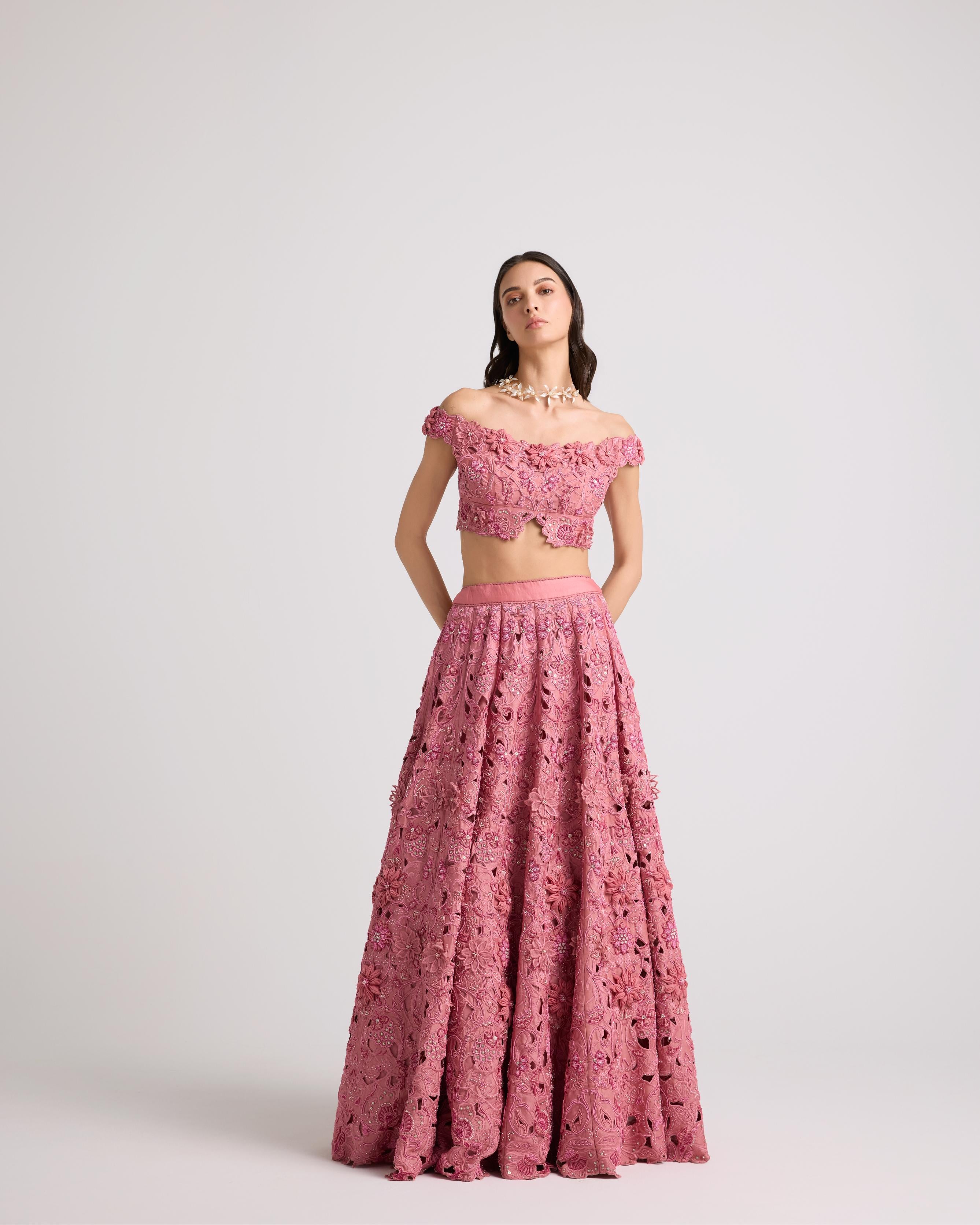 BLUSH 3D FLORAL APPLIQUE AND BEADWORK LEHENGA