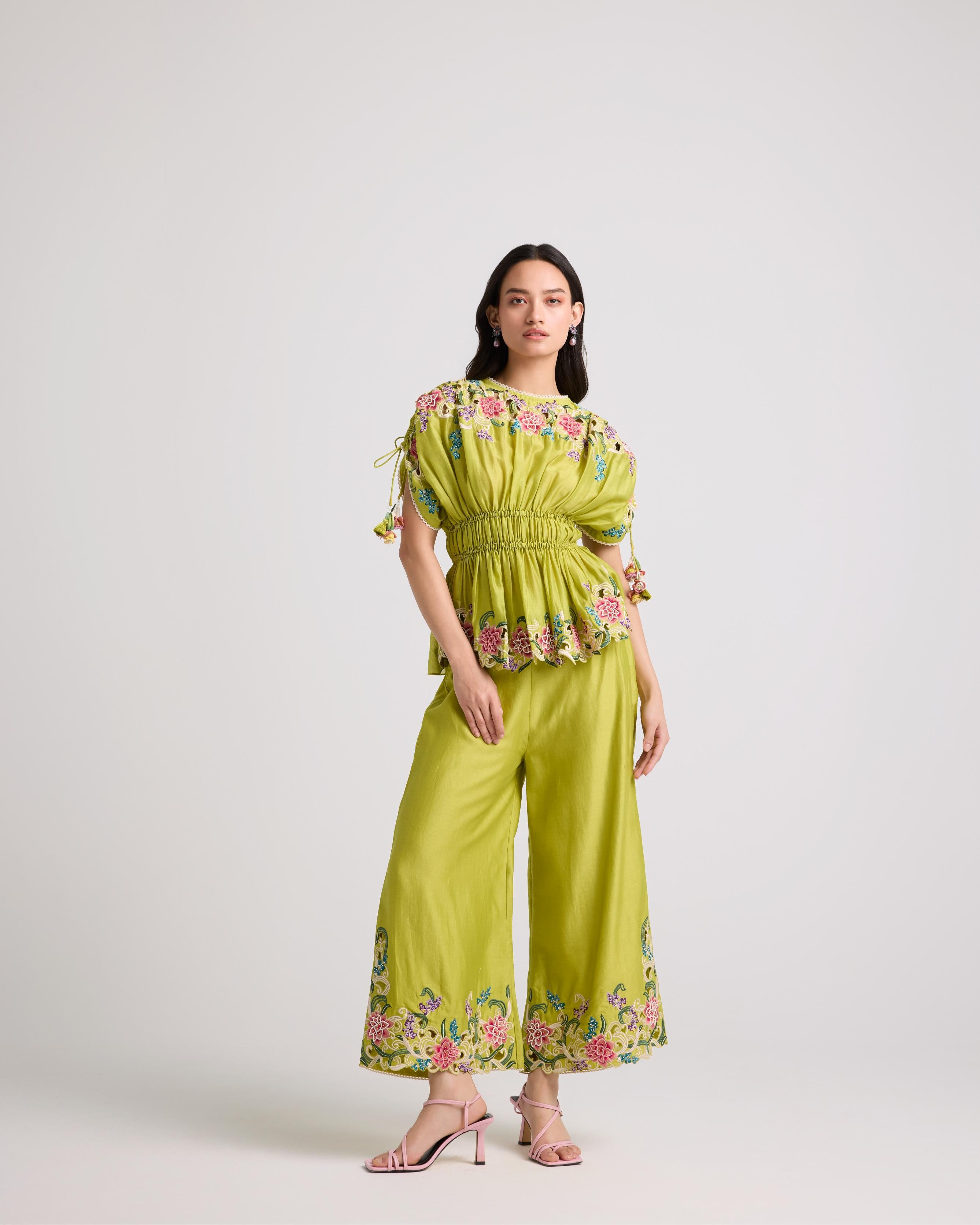 LIME GREEN FLORAL CUTWORK PANTS