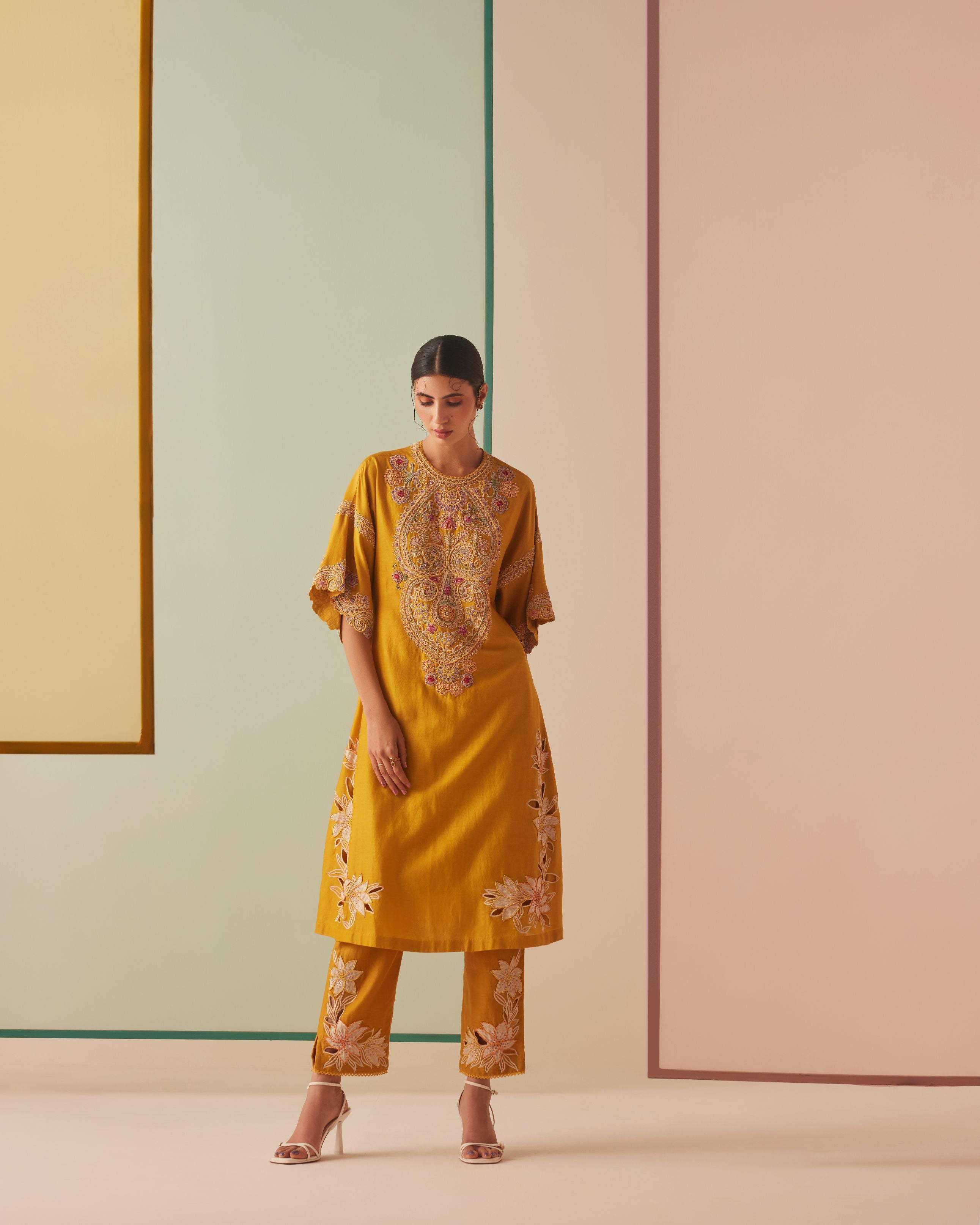 MUSTARD CONTRAST EMBROIDERED YOKE DETAIL KURTA WITH PANTS