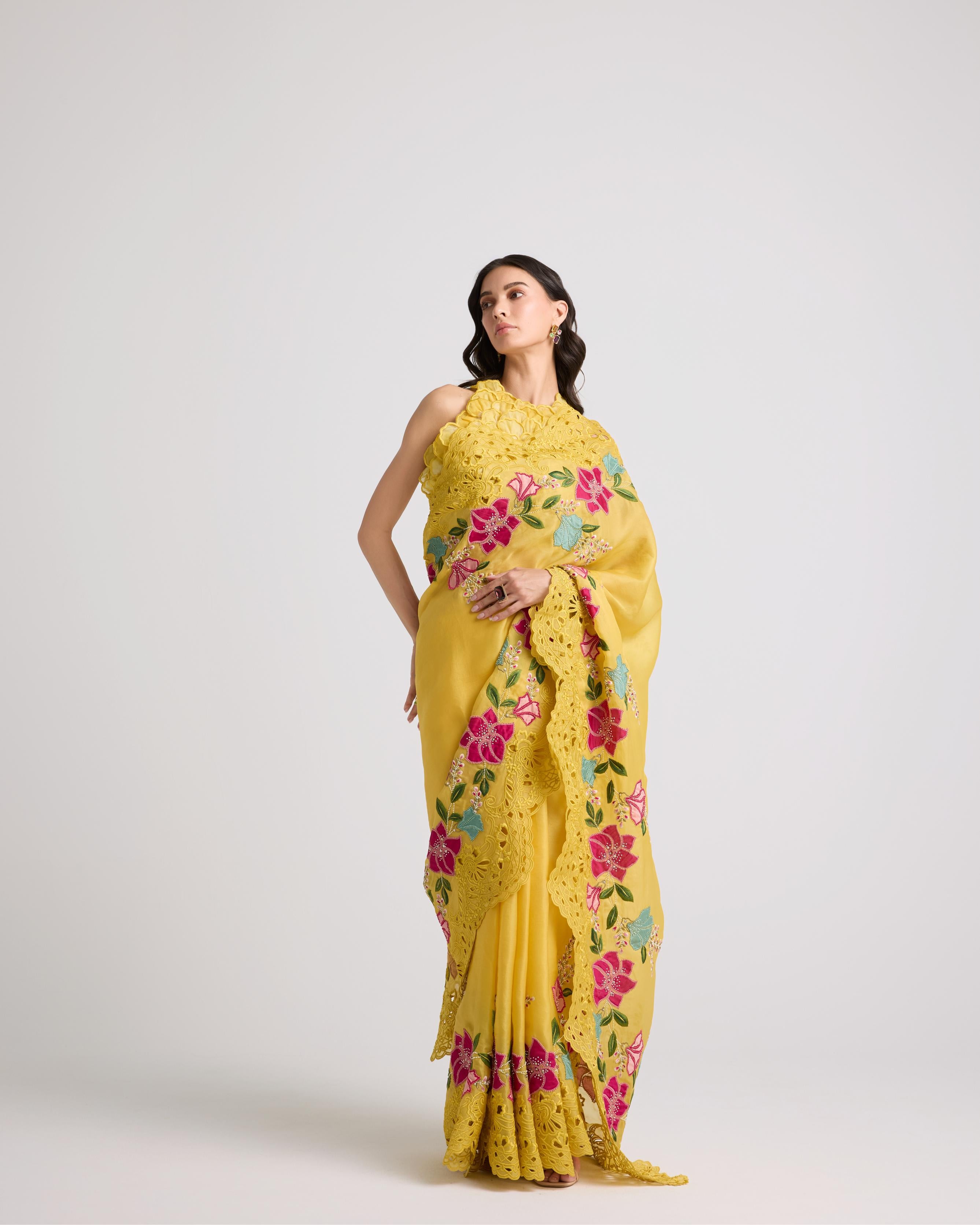 YELLOW FLORAL APPLIQUE AND CUTWORK SAREE