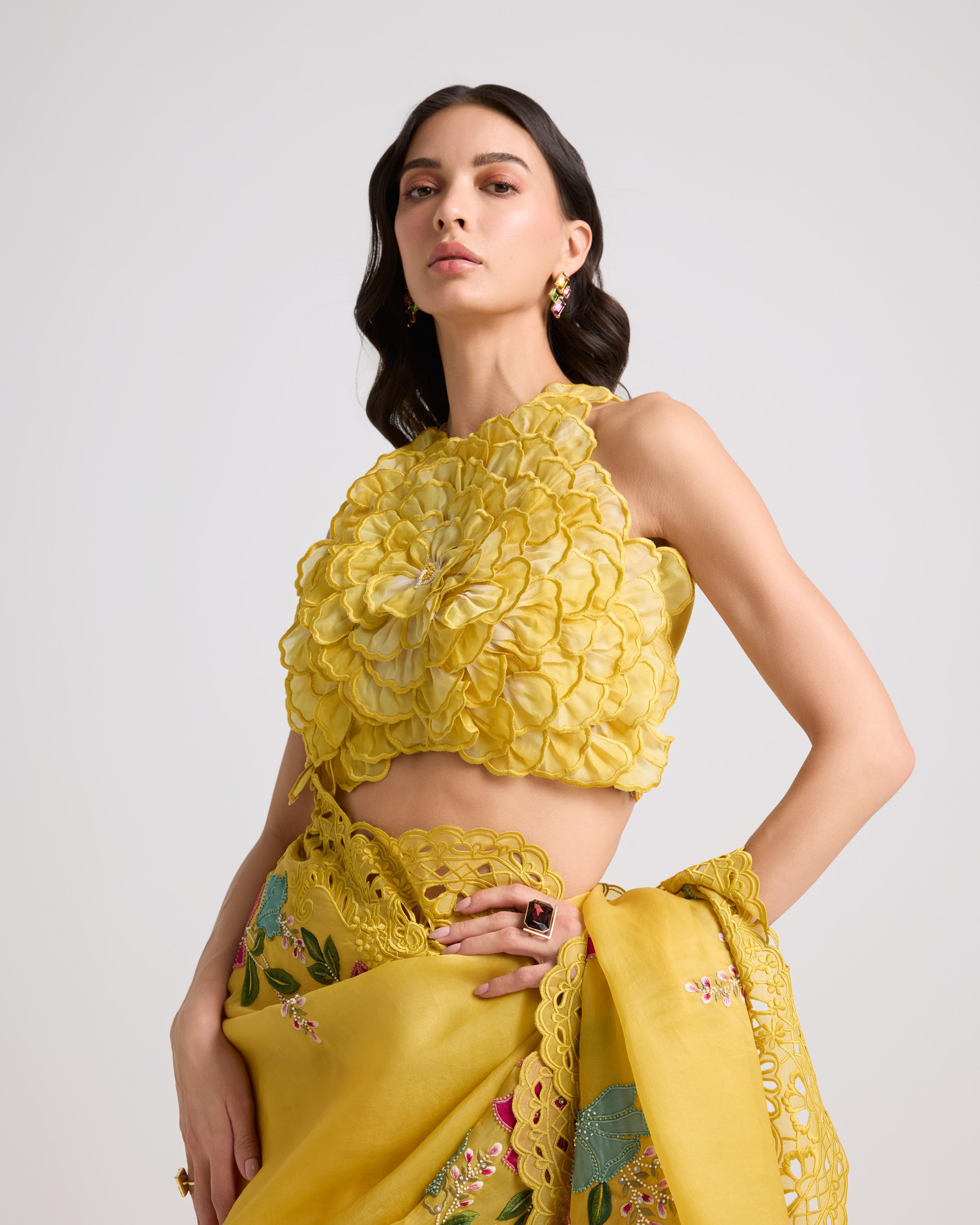 YELLOW SHADED DAHLIA 3D APPLIQUE TOP