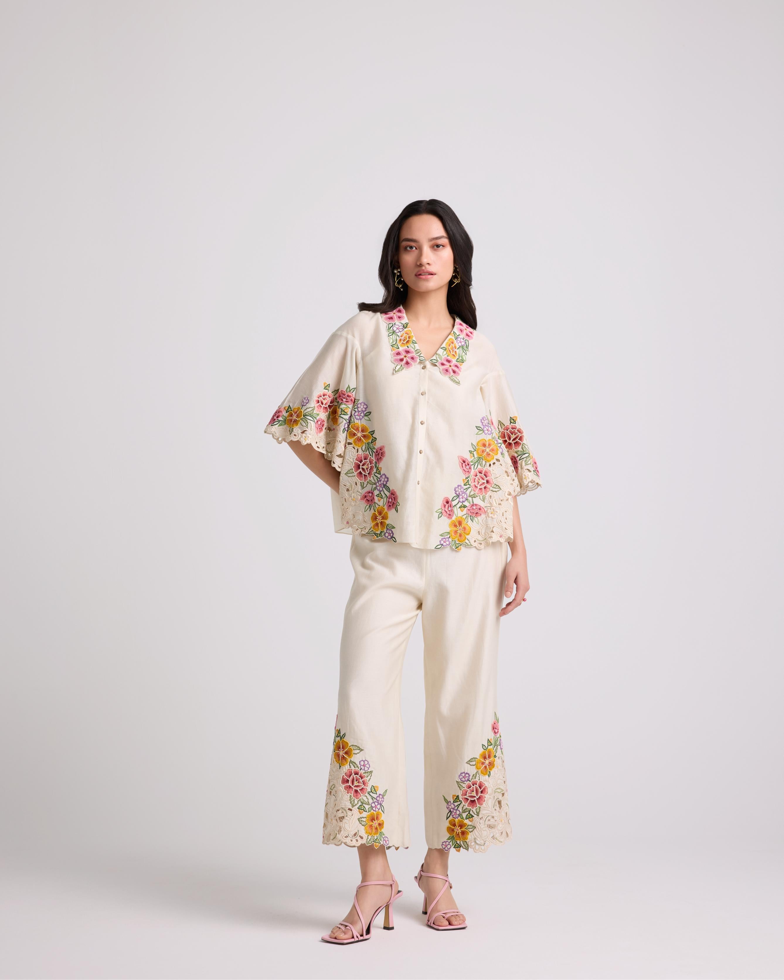 IVORY FLORAL CUTWORK PANTS