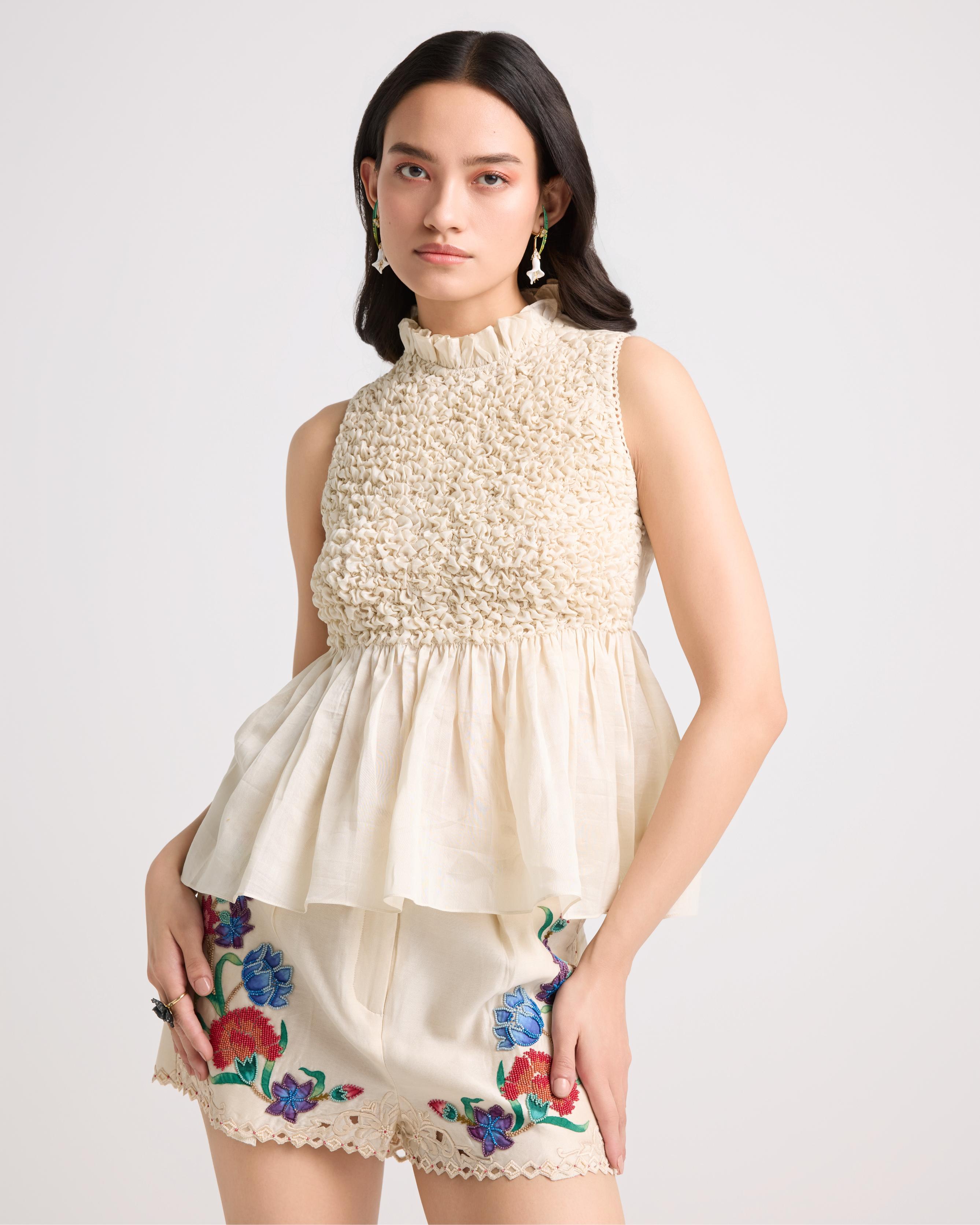 IVORY SMOCKED TEXTURED TOP