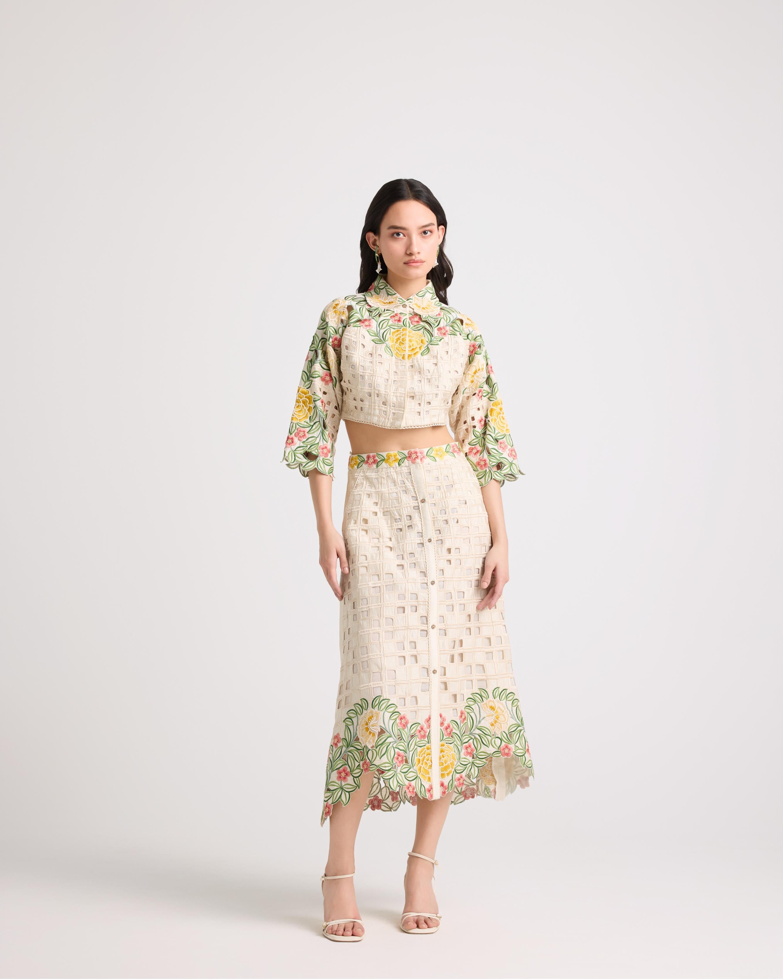 IVORY FLORAL CHECKERED CUTWORK BUTTONDOWN SKIRT