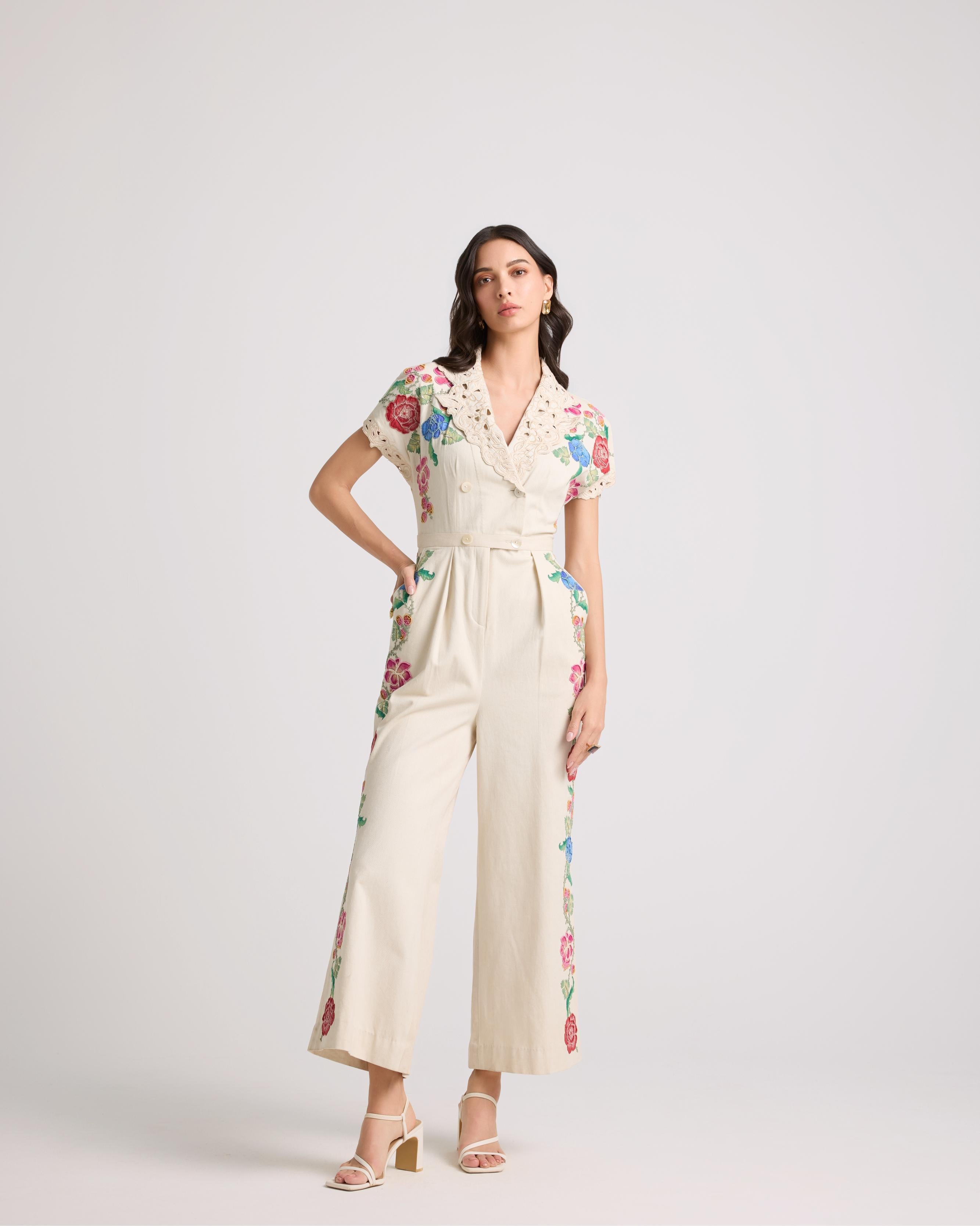 IVORY FLORAL APPLIQUE AND BEADWORK JUMPSUIT