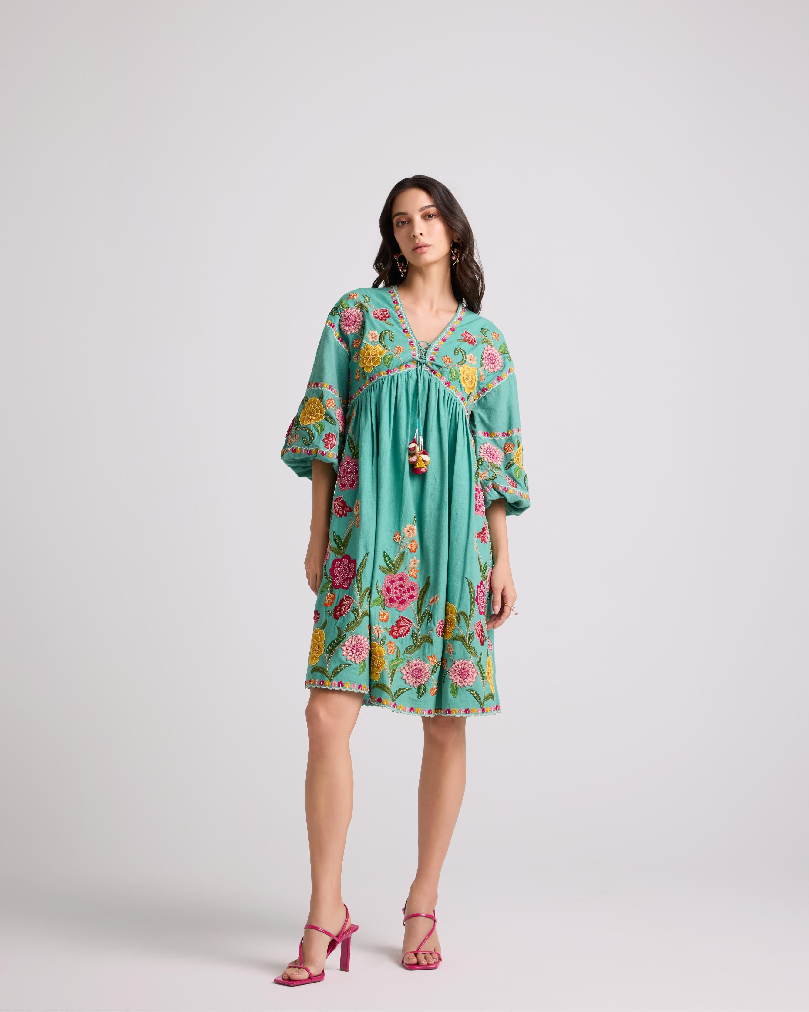 AQUA EMBROIDERED GATHERED DRESS