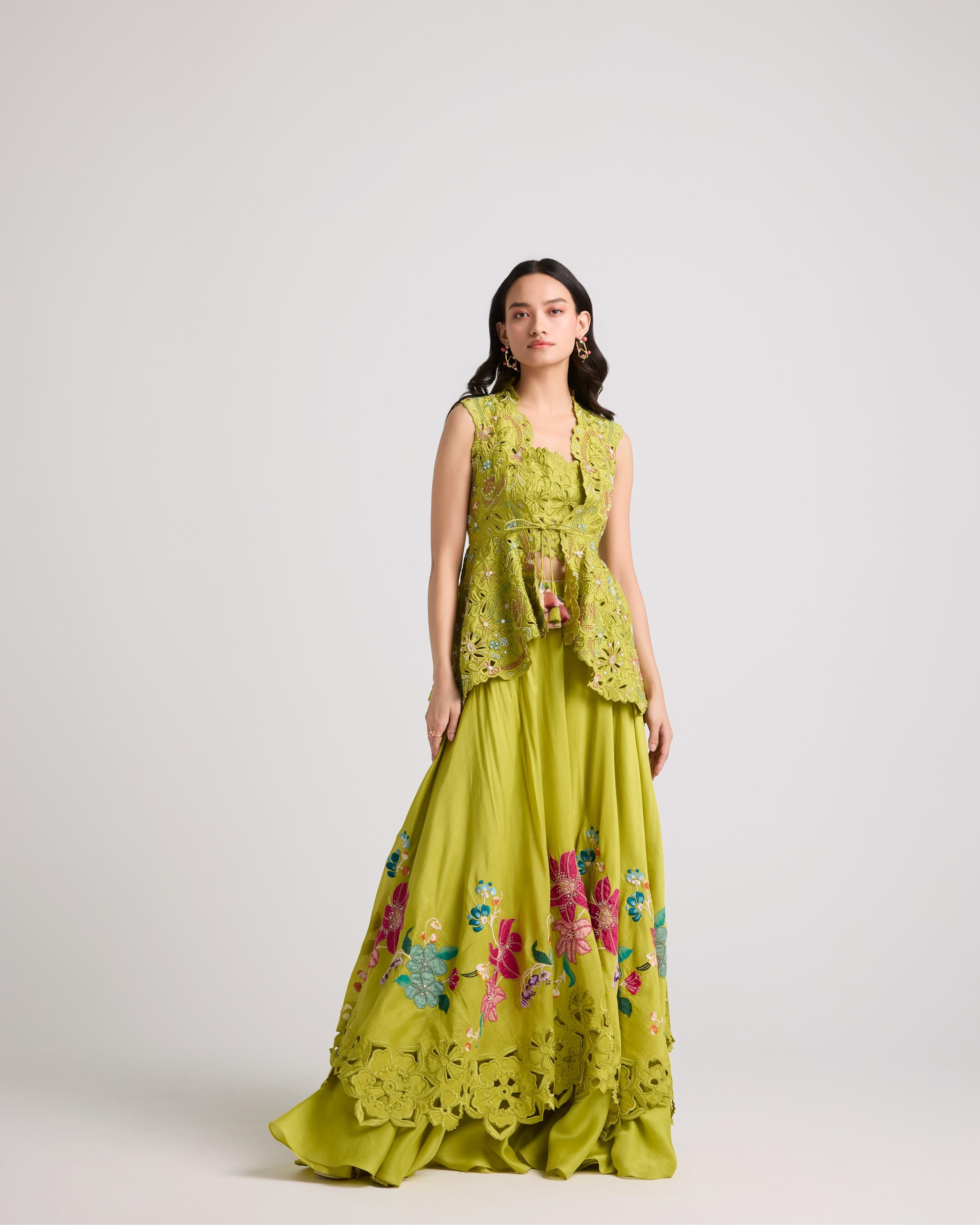 LIME GREEN FLORAL APPLIQUE LAYERED LEHENGA