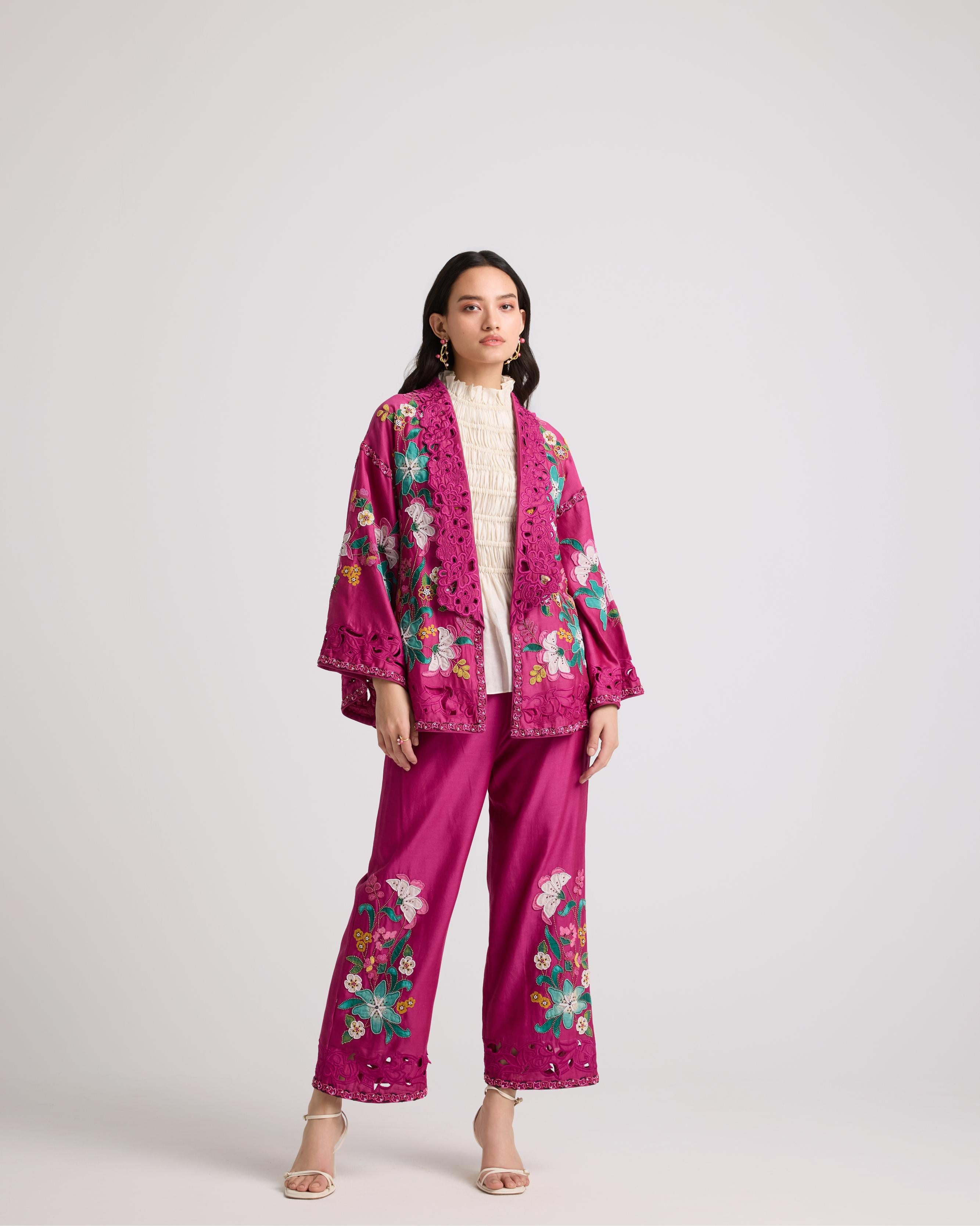 FUCHSIA APPLIQUE AND BEADWORK FLARED JACKET