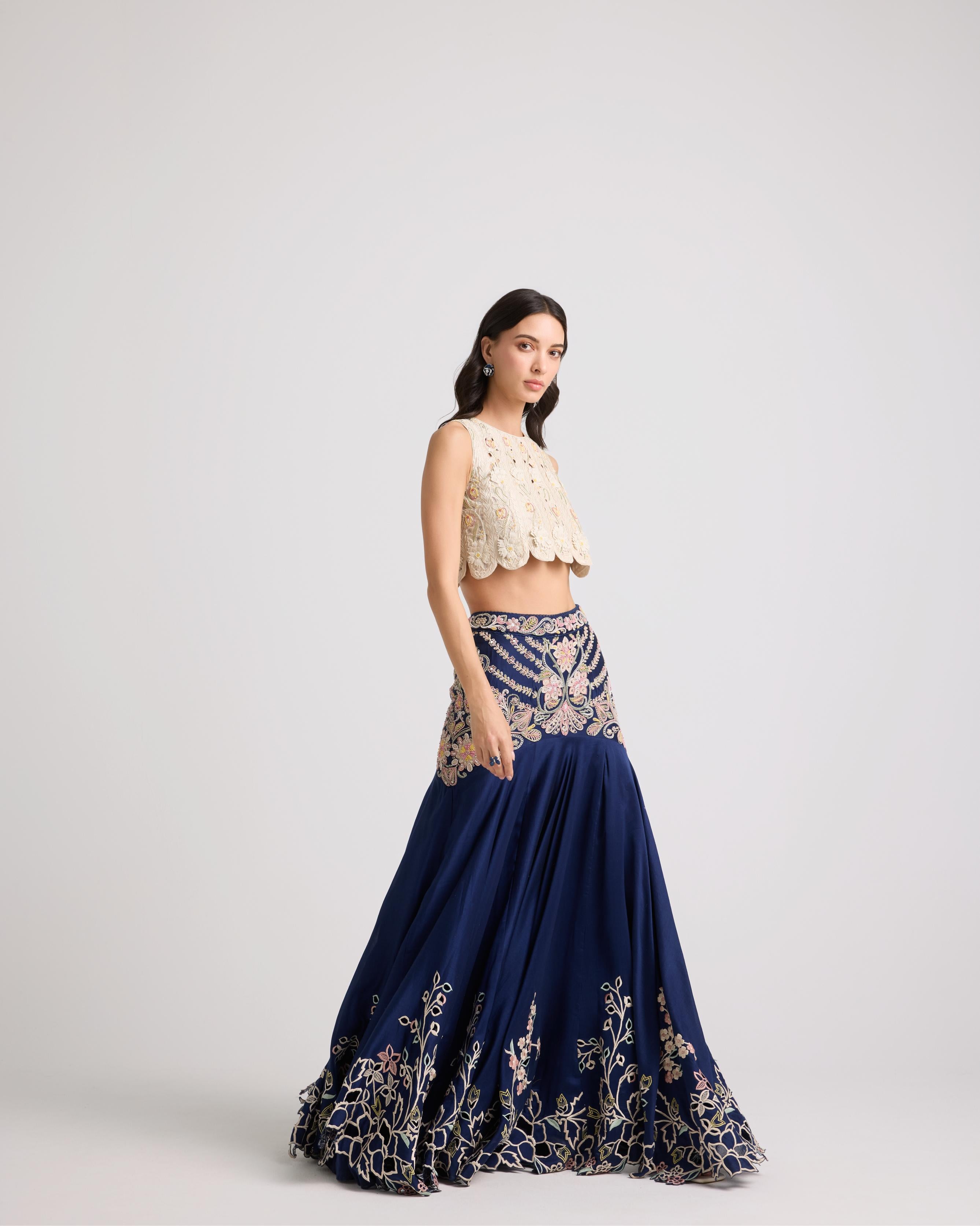 INDIGO CONTRAST CORDWORK YOKE DETAIL LEHENGA