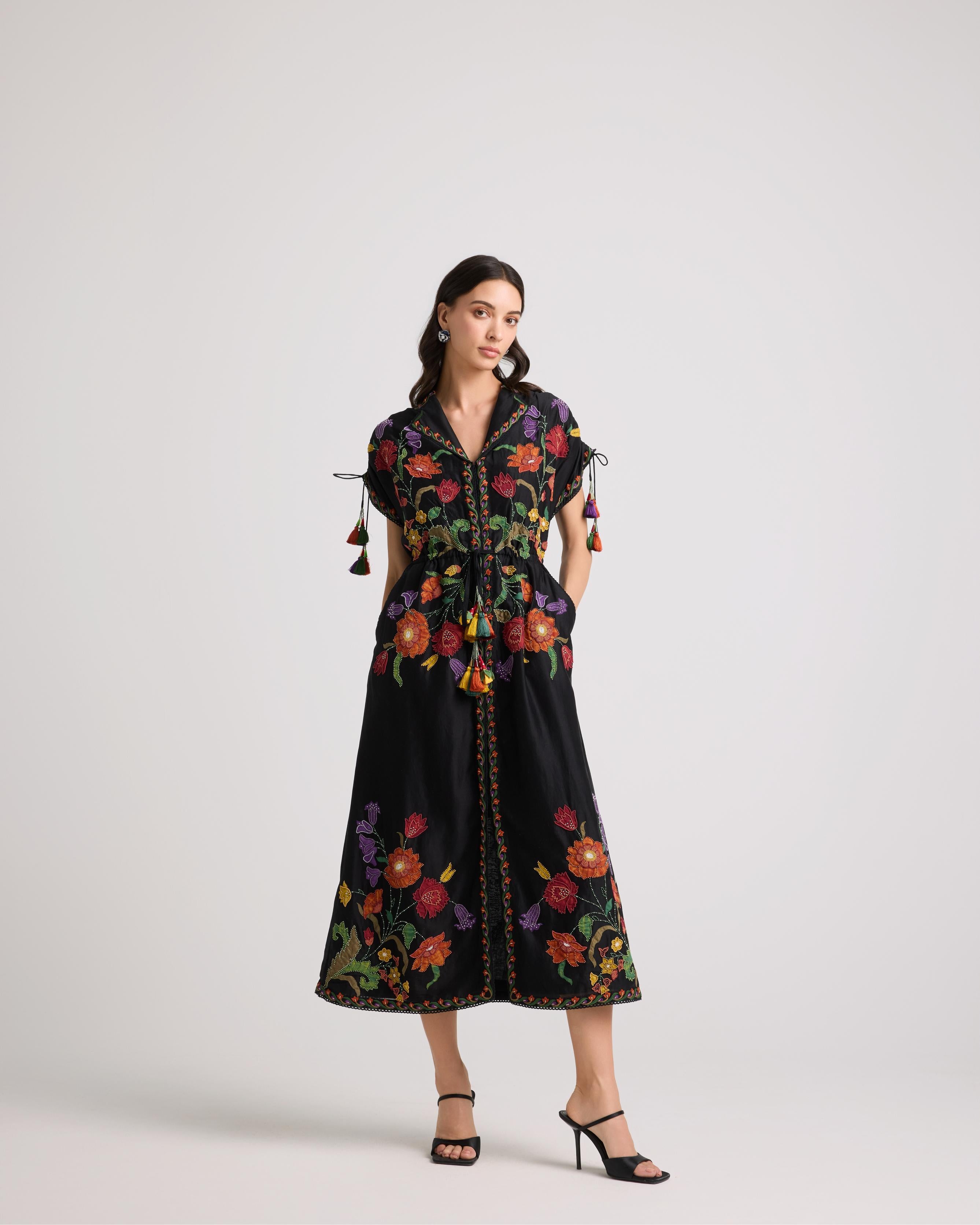 BLACK APPLIQUE AND BEADWORK SHIRT DRESS