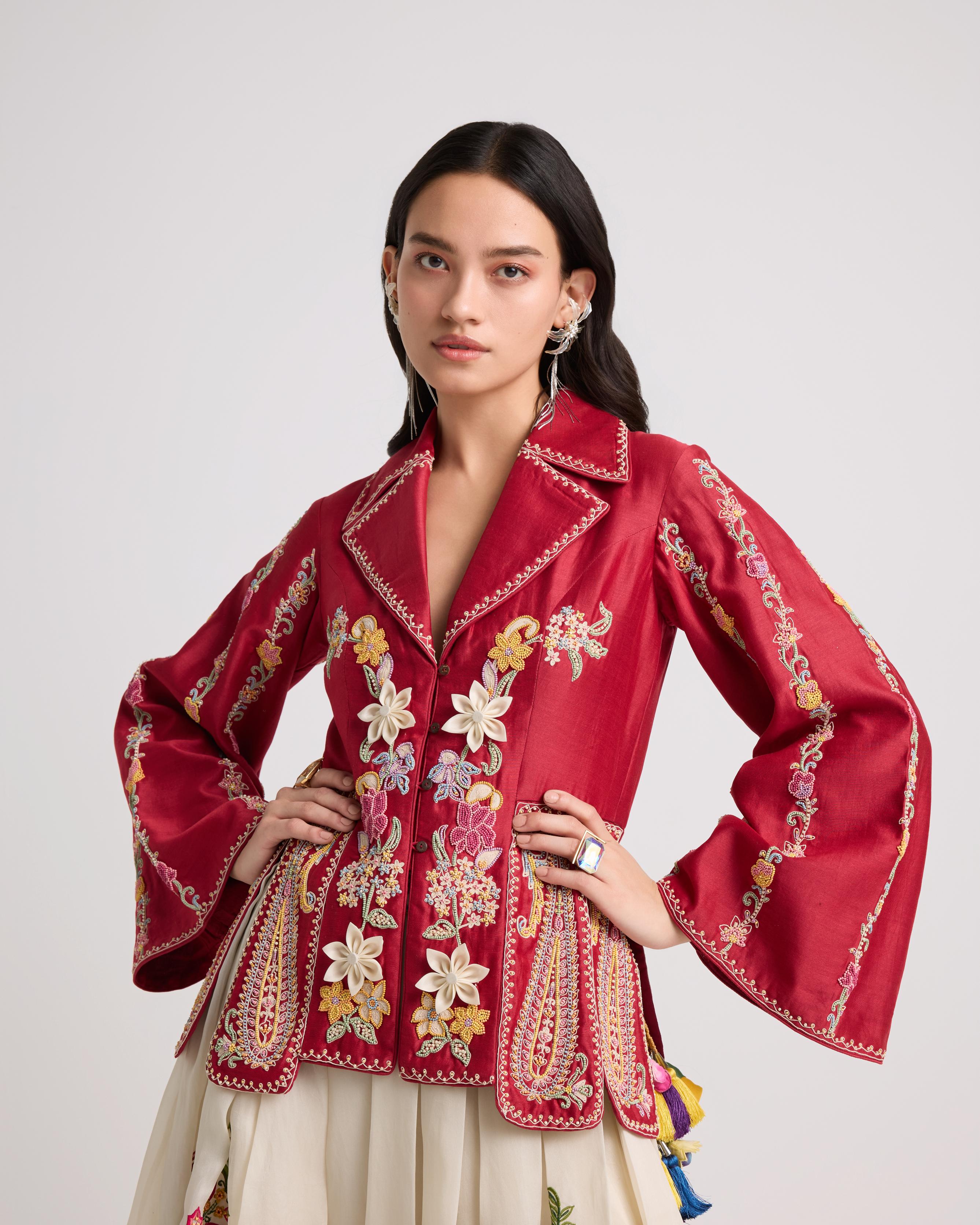 RED CONTRAST CORDWORK AND BEADWORK PANELLED JACKET