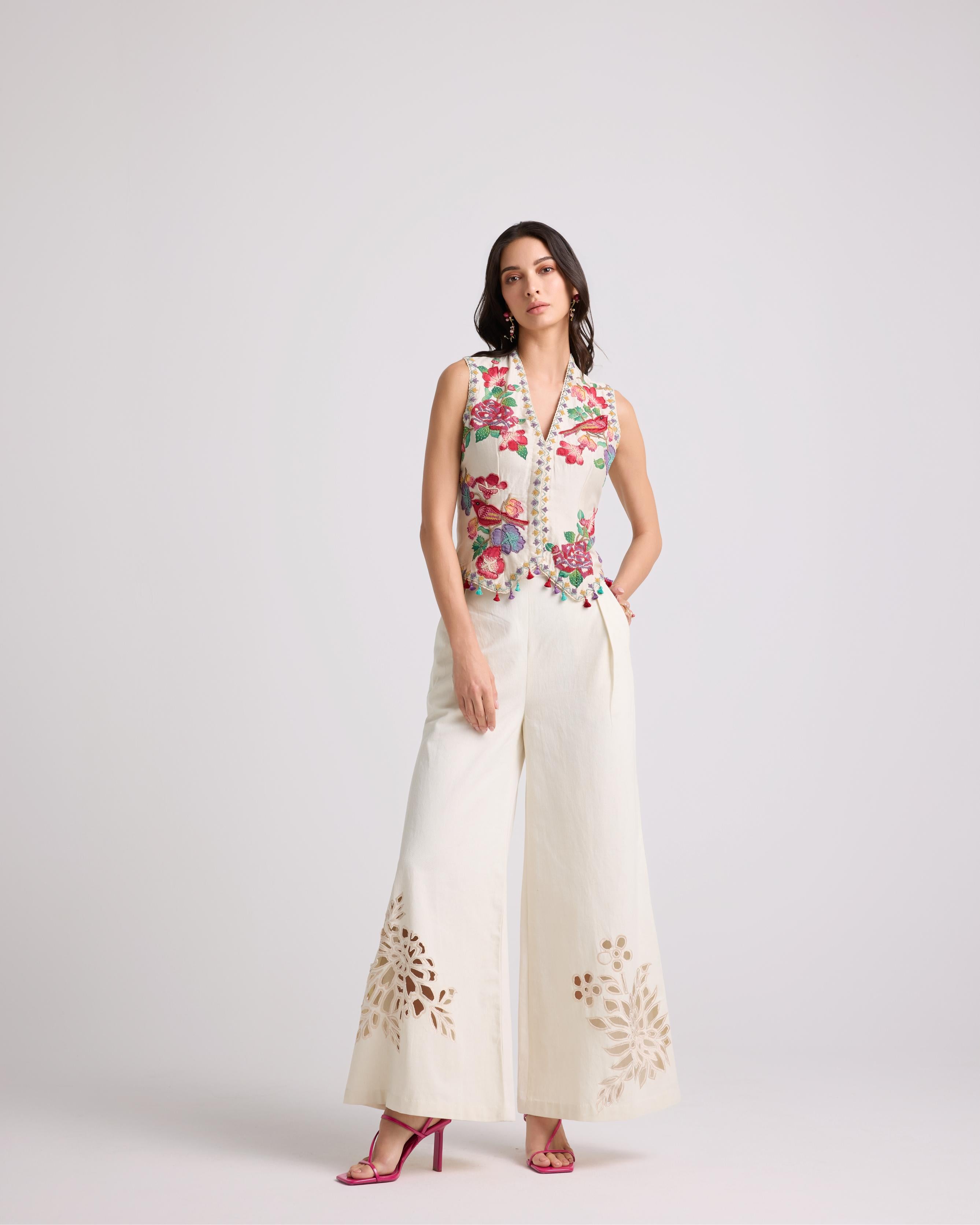 IVORY CUTWORK FLARED PANTS