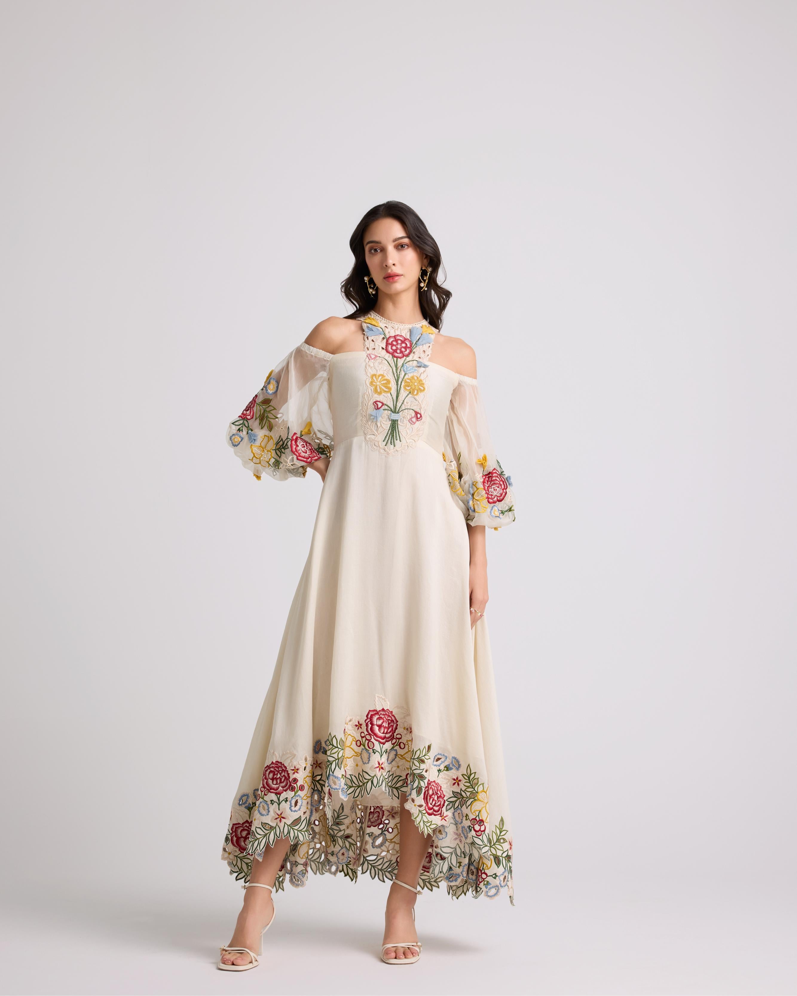 IVORY 3D FLORAL APPLIQUE AND THREADWORK DRESS