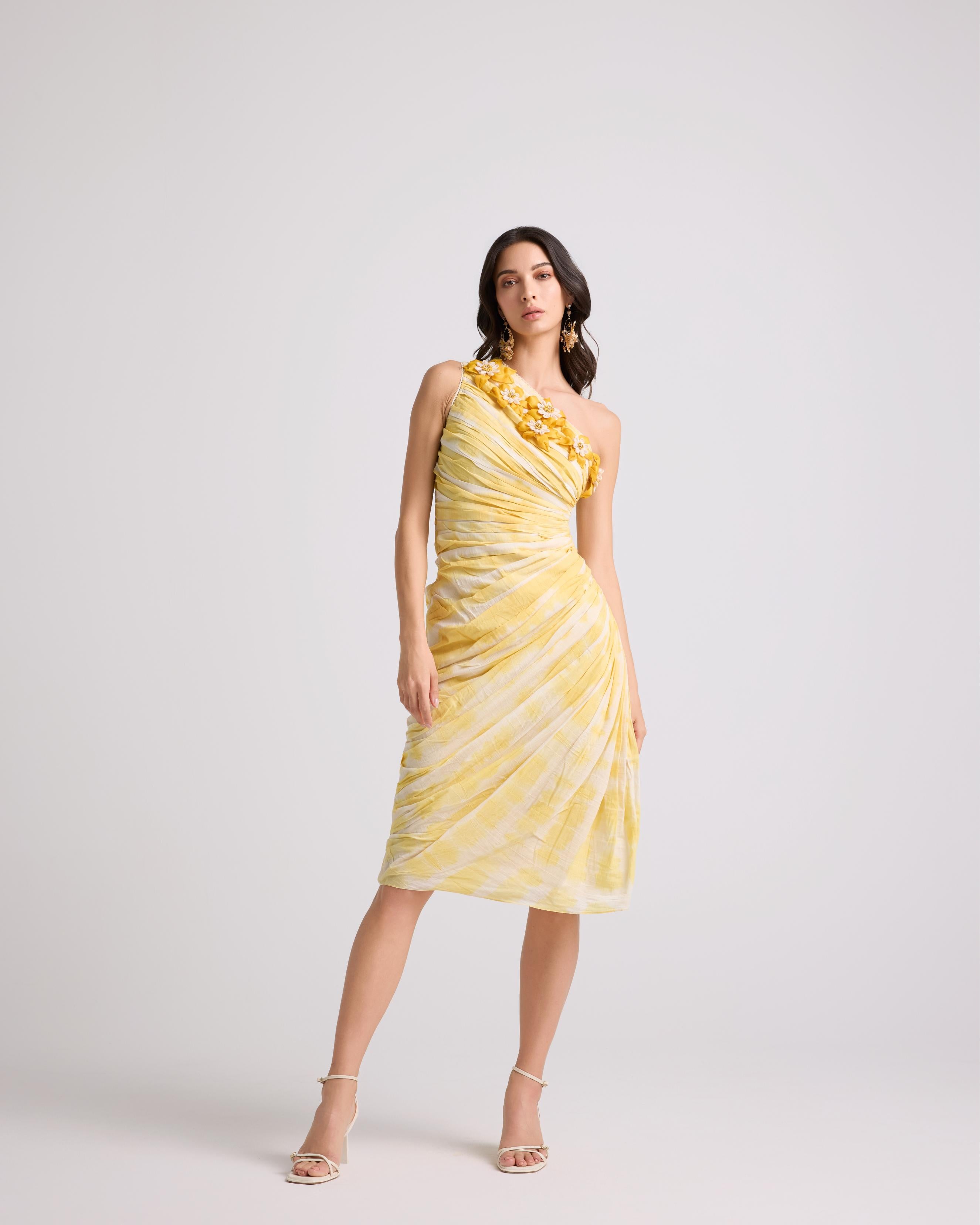 YELLOW TIE-DYE ASYMMETRICAL RUCHED DRESS