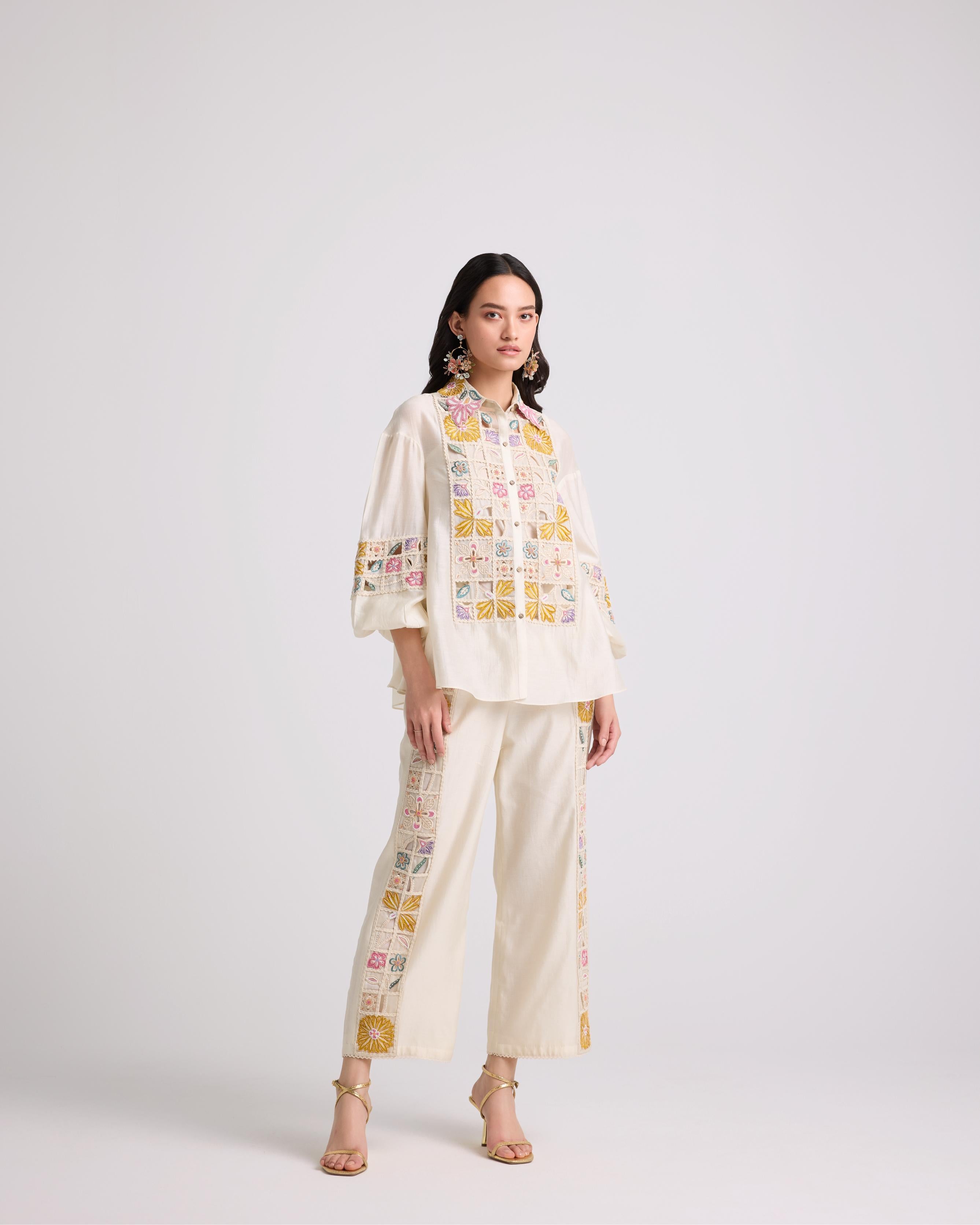 IVORY CHECKERED EMBROIDERED PANTS