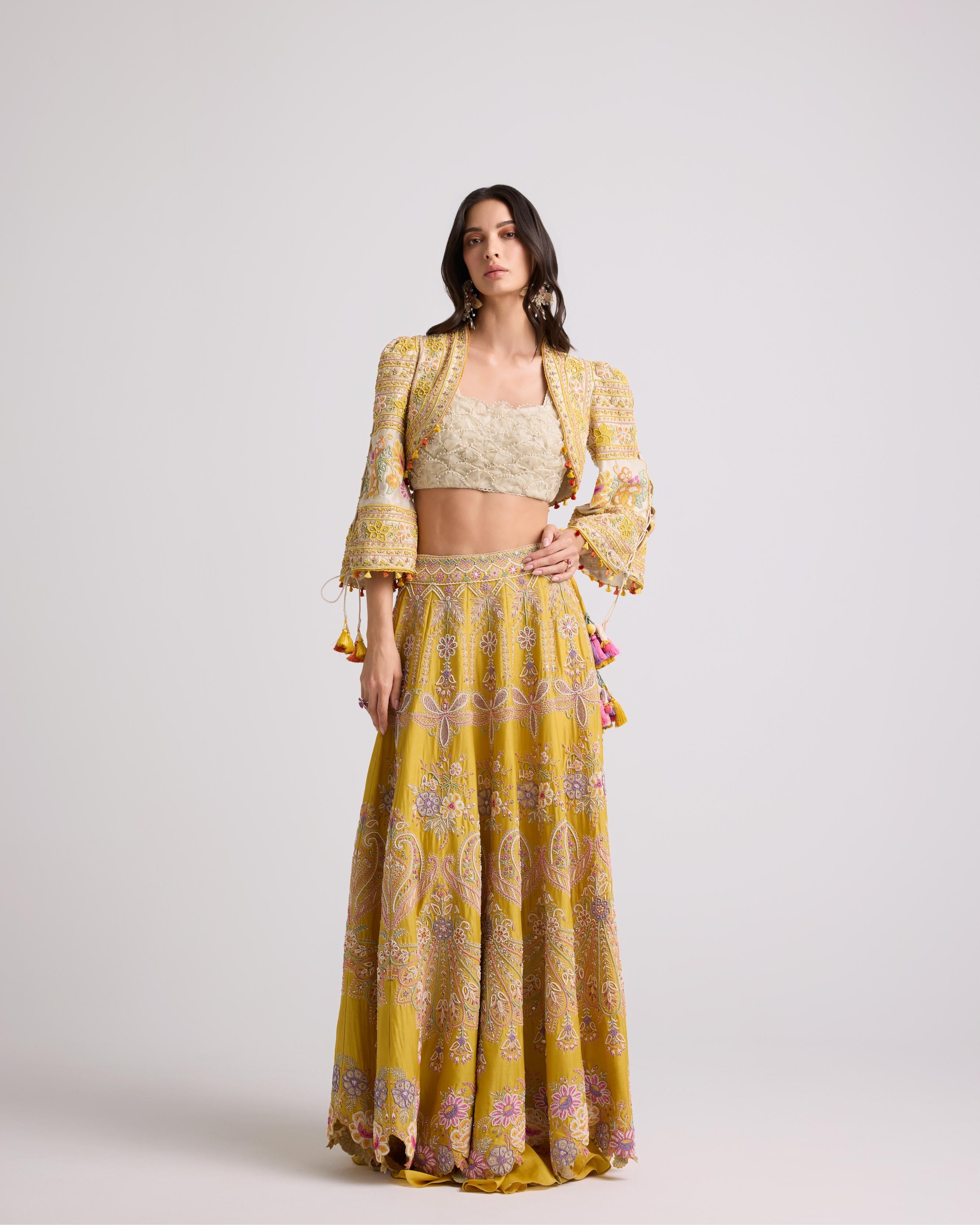 YELLOW CONTRAST CORDWORK AND BEADWORK LEHENGA