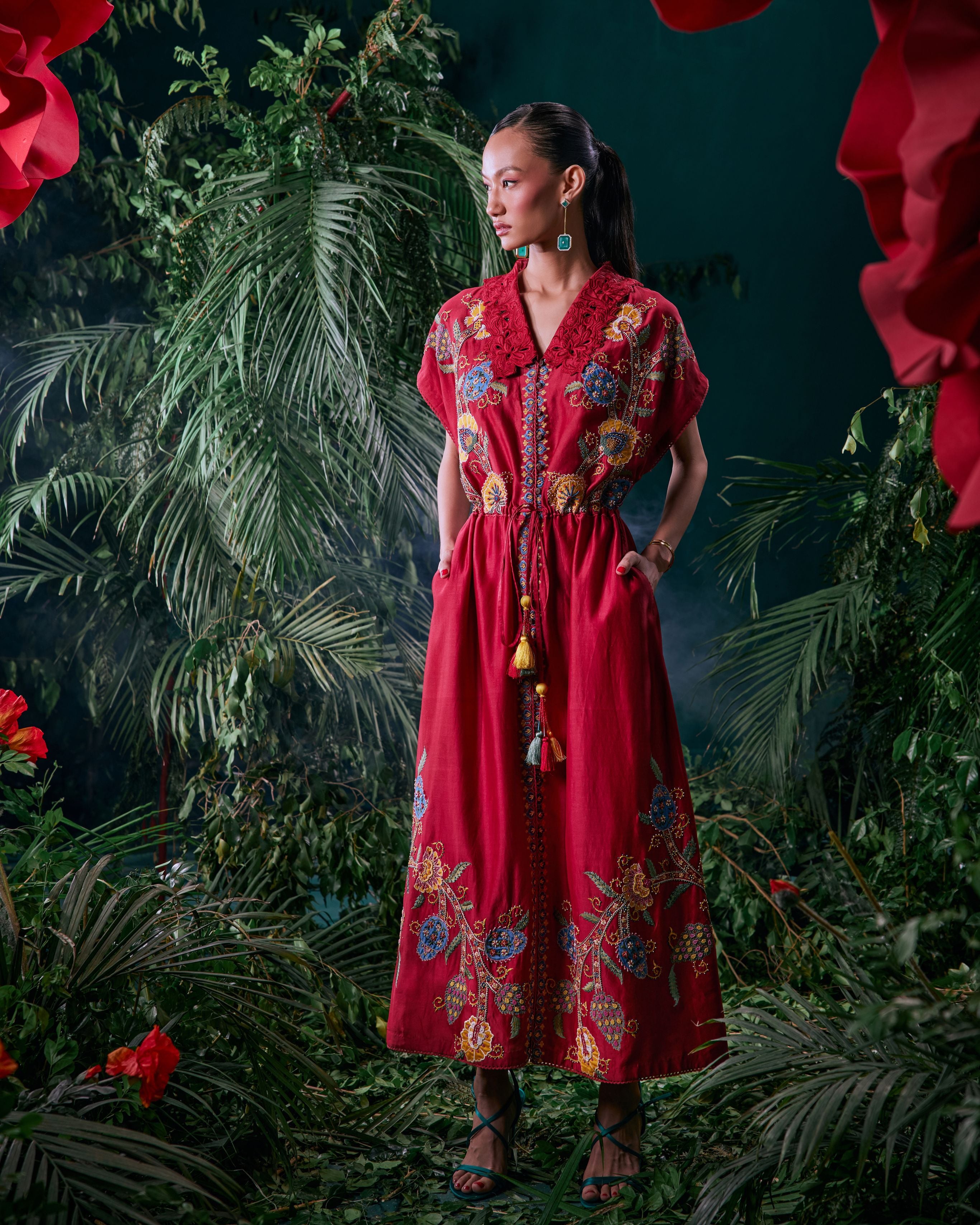RED FLORAL EMBROIDERED SHIRT DRESS