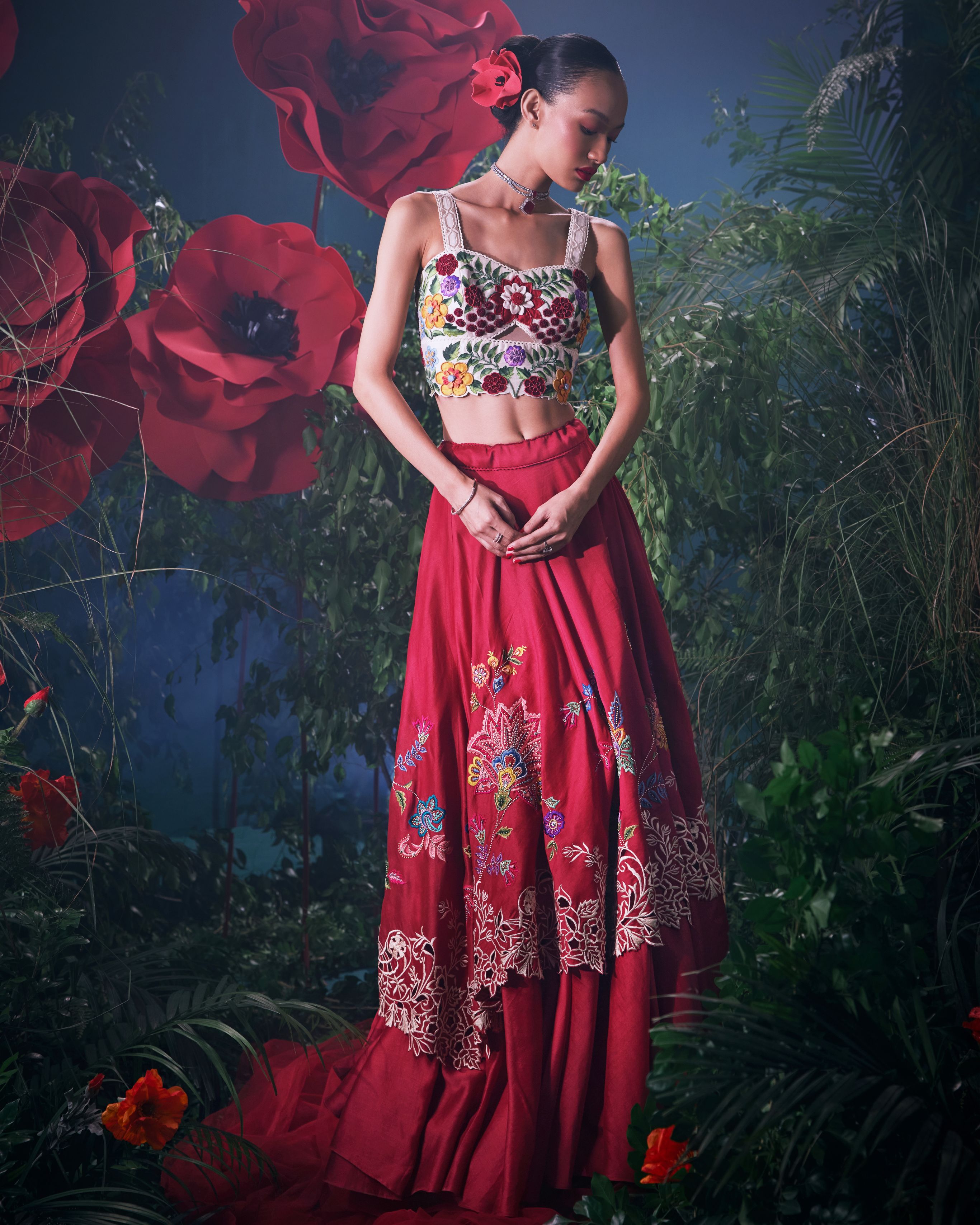 RED FLORAL EMBROIDERED LAYERED LEHENGA
