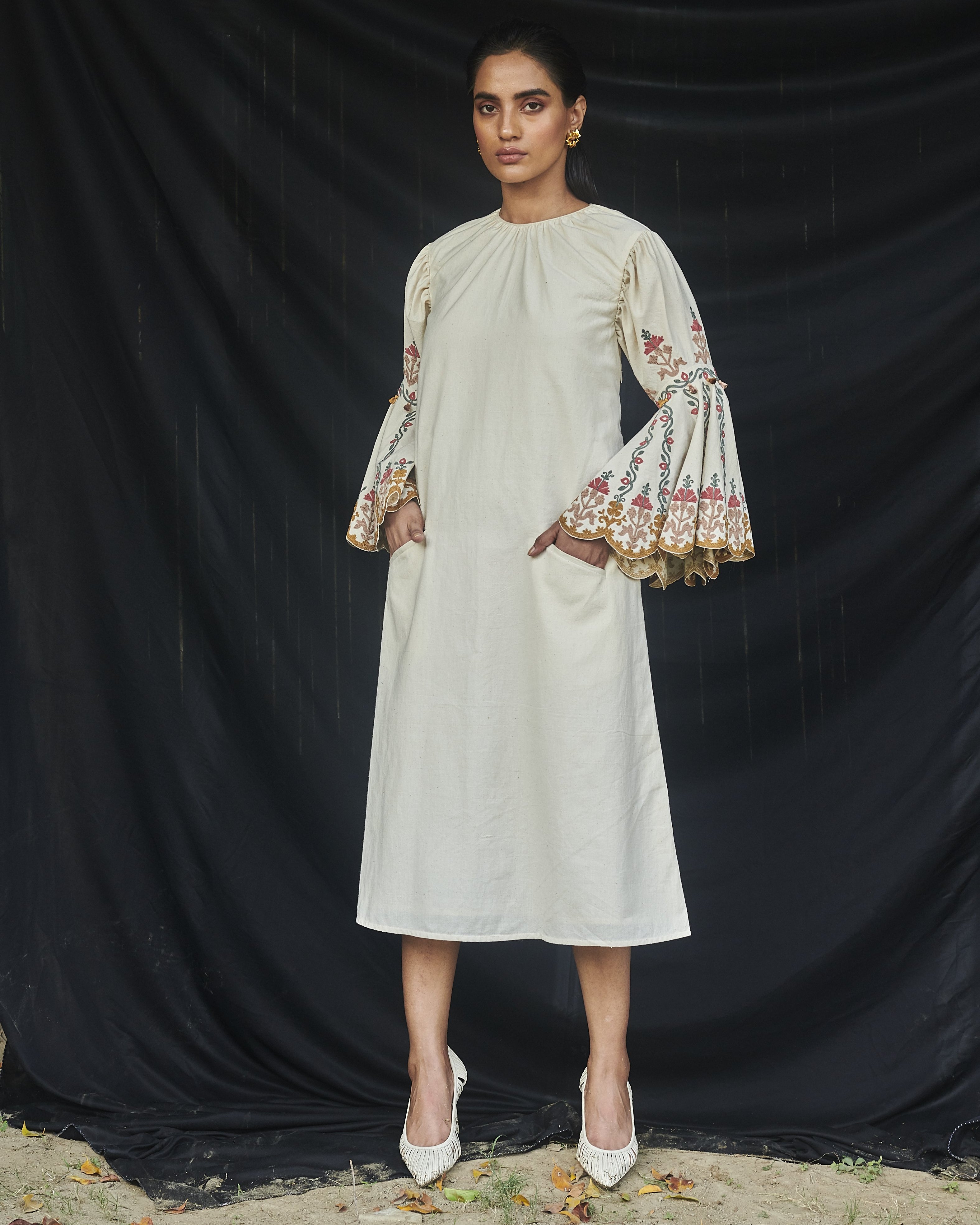 IVORY KALA COTTON DRESS WITH BELL SLEEVES