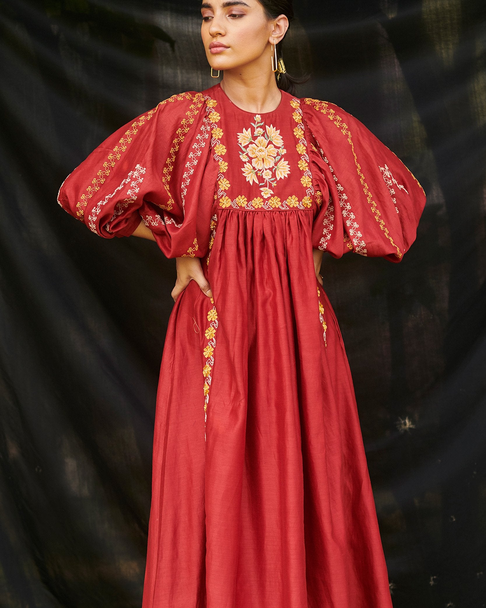 RED CHANDERI GATHER DRESS KURTA